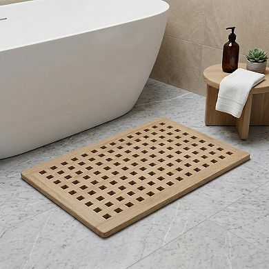 HomeRoots 16" Beige Gray Teak Checkered Non Slip Bath Mat