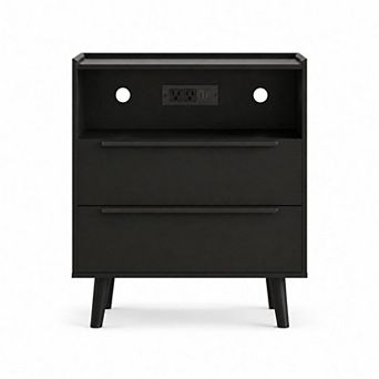 HomeRoots 26" Black Wood Two Drawer Nightstand with USB Port and Integrated Tech