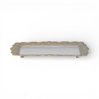 HomeRoots 12" Blue Gray Silver And Gold Metal Handmade Trinket Tray
