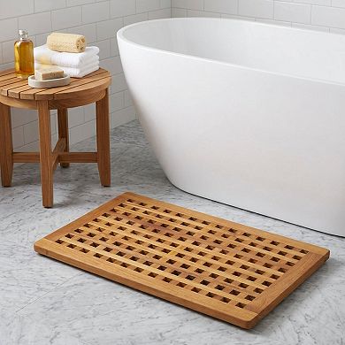 HomeRoots 16" Natural Teak Checkered Non Slip Bath Mat
