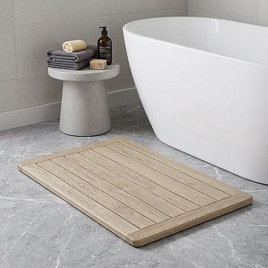 HomeRoots 16" Beige Gray Teak Non Slip Bath Mat