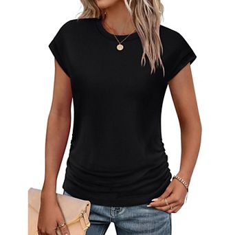 Women's Summer Ruched Cap Short Sleeve T-Shirt Crew Neck Casual Top Solid Color Soft Blouse