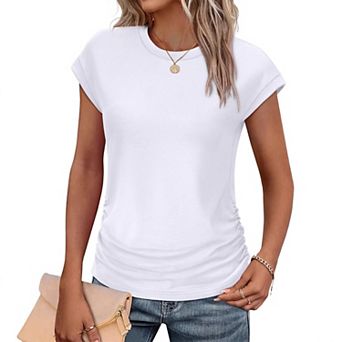 Women's Summer Ruched Cap Short Sleeve T-Shirt Crew Neck Casual Top Solid Color Soft Blouse