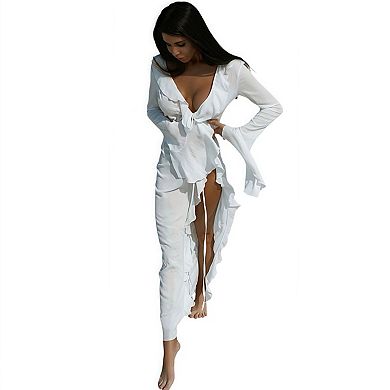 Women's Long Sleeve Flowy Maxi Swimsuit Tie Front Robe Cover Up