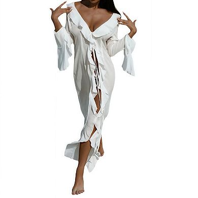 Women's Long Sleeve Flowy Maxi Swimsuit Tie Front Robe Cover Up