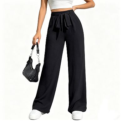 Women's Tie Front High Waisted Wide Leg Summer Pants Straight Back Elastic Casual Long Pants