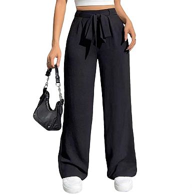 Women's Tie Front High Waisted Wide Leg Summer Pants Straight Back Elastic Casual Long Pants