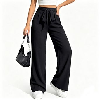 Women's Tie Front High Waisted Wide Leg Summer Pants Straight Back Elastic Casual Long Pants