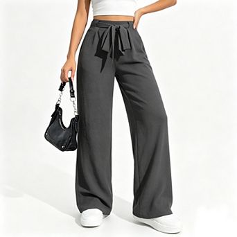 Women's Tie Front High Waisted Wide Leg Summer Pants Straight Back Elastic Casual Long Pants