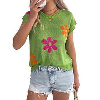 Womens Lightweight Sweater Tops Summer Outfits Cap Sleeve Knit Crew Neck T Shirts