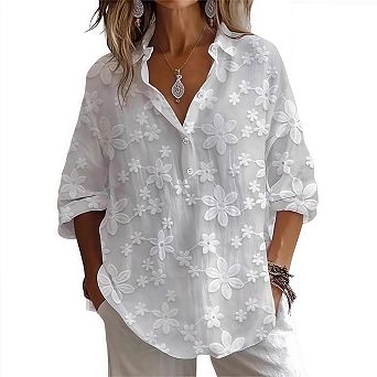 Women's Floral Jacquard Button Down Shirts 3/4 Sleeve Sheer Blouses Loose Fit Casual Top