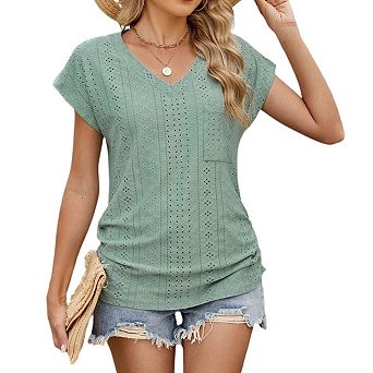 Womens Short Sleeve V Neck Tops Trendy Summer Casual Eyelet T Shirts Beach Vacation Business Outfits