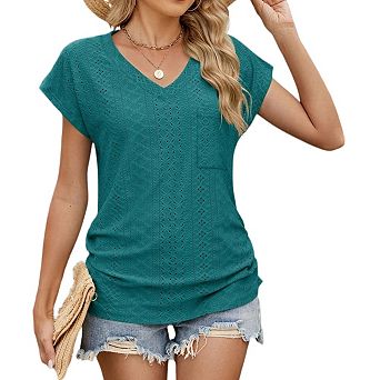 Womens Short Sleeve V Neck Tops Trendy Summer Casual Eyelet T Shirts Beach Vacation Business Outfits