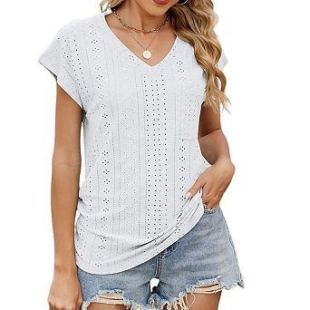 Womens Short Sleeve V Neck Tops Trendy Summer Casual Eyelet T Shirts Beach Vacation Business Outfits