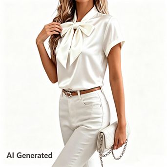 Women's Satin Silk Tie Neck Blouse Short Sleeve Casual Solid Bowknot Elegant Shirt Top