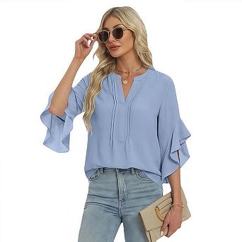 Womens Dressy Blouse Ruffle 3/4 Sleeve V Neck Tops Trendy Work Shirt Spring Summer Casual Outfits