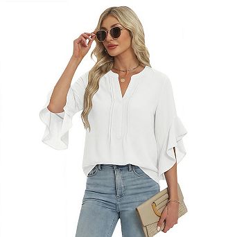 Womens Dressy Blouse Ruffle 3/4 Sleeve V Neck Tops Trendy Work Shirt Spring Summer Casual Outfits