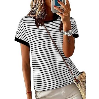 Women's Short Sleeve Knit Tops Trendy Crewneck Striped T Shirts Casual Summer Blouses Outfits