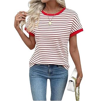 Women's Short Sleeve Knit Tops Trendy Crewneck Striped T Shirts Casual Summer Blouses Outfits