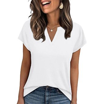 Women's V Neck Short Sleeve Tops Summer T Shirts Loose Fit Dressy Tees