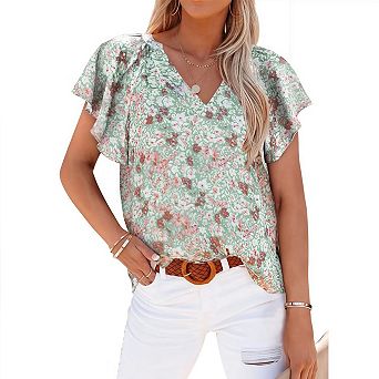 Women's Boho Tops Floral V Neck Short Flutter Sleeve Summer Blouse Shirts
