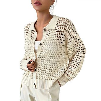 Women's Crochet Cardigan Sweater Crochet Tops Lightweight Hollow Out Button Down Coats