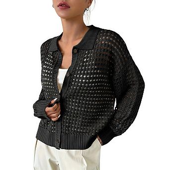 Women's Crochet Cardigan Sweater Crochet Tops Lightweight Hollow Out Button Down Coats