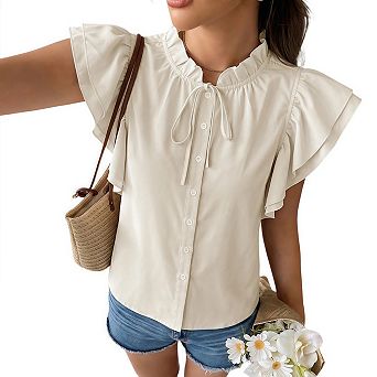 Women Dressy Blouses Casual Spring Summer Ruffle Neck Short Sleeve Work Shirts Tops Fashion Clothing