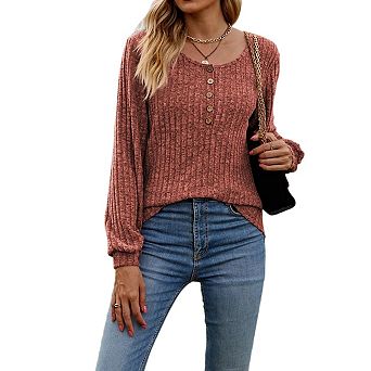 Women's Knitted Pullover Sweaters Lightweight Crew Neck Long Sleeve Henley Tunic Top