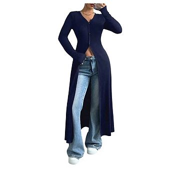 Women's V Neck Button Down Long Cardigan Long Sleeve Ribbed Knit Slit Sweater Casual Going Out Tops