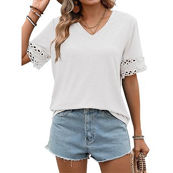 Summer Tops for Women Lace Short Sleeve T-Shirts Casual Blouses Fashion Vacation Outfits