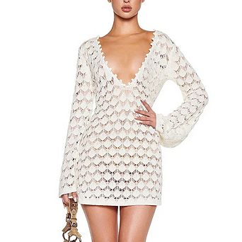 Women's Long Sleeve Crochet Swim Cover Up Mini Dress Deep V Neck Scalloped Edge Open Knit