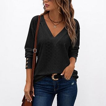 Women's Eyelet V Neck Long Sleeve T Shirt Blouses Dressy Casual Embroidered Tops
