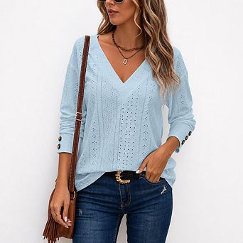 Women's Eyelet V Neck Long Sleeve T Shirt Blouses Dressy Casual Embroidered Tops