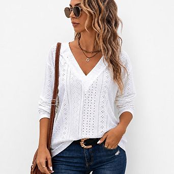 Women's Eyelet V Neck Long Sleeve T Shirt Blouses Dressy Casual Embroidered Tops