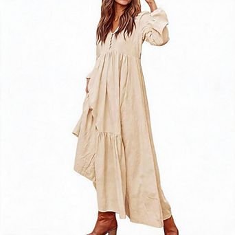 Women V Neck Button Front Cotton Linen Tiered Maxi Dress Loose Flowy Casual Vintage Dress