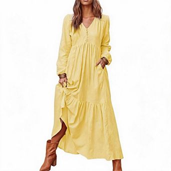 Women V Neck Button Front Cotton Linen Tiered Maxi Dress Loose Flowy Casual Vintage Dress