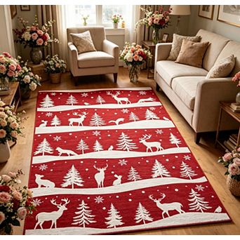 Christmas Area Rug for Living Room Washable Mat Xmas Tree Snowflake Holiday Home Decor for Bedroom