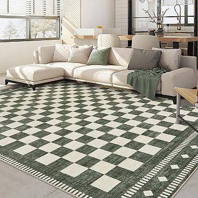 Washable Checkerboard Area Rug with Non-Slip TPR Backing, Low-Profile Polyester Rug for Living Room