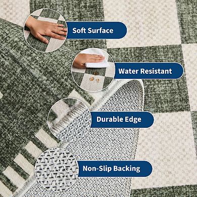 Washable Checkerboard Area Rug with Non-Slip TPR Backing, Low-Profile Polyester Rug for Living Room