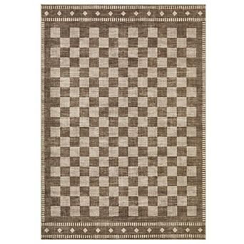 Washable Checkerboard Area Rug with Non-Slip TPR Backing, Low-Profile Polyester Rug for Living Room