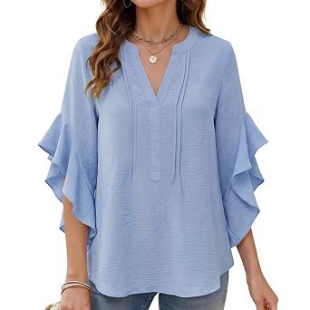 Women's Vacation Boho Top V Neck 3/4 Length Sleeve Loose Fit Casual Flowy Tunic Blouse