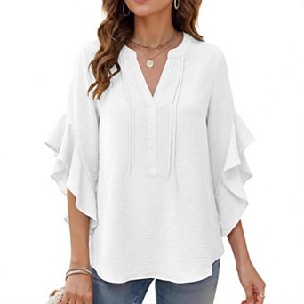 Women's Vacation Boho Top V Neck 3/4 Length Sleeve Loose Fit Casual Flowy Tunic Blouse