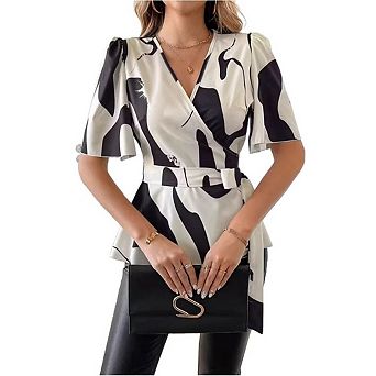 Women’s Wrap V Neck Peplum Blouse Flutter Sleeve Printed Elastic Waist Belt Casual Dressy Top