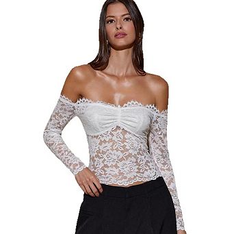 Women’s Ruffle Hem Lace Crop Blouse, Off Shoulder Long Sleeve Lace Trim Trendy Daily Top