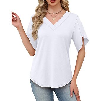 Women’s Fashion Summer Blouse, V Neck Petal Short Sleeve Casual Daily Women Clothing Top