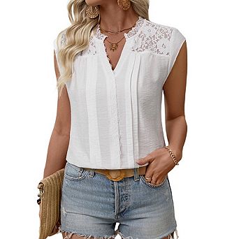 Women’s Cotton Button Down Top V Neck Ruffle Sleeve Lace Crochet Dressy Casual Blouse