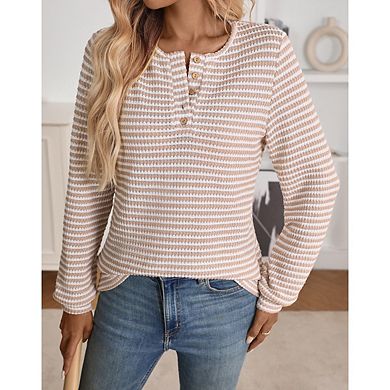 Women's Basic Button Down Pullover, Crewneck Ribbed Stretch Long Sleeve Casual Daily Top