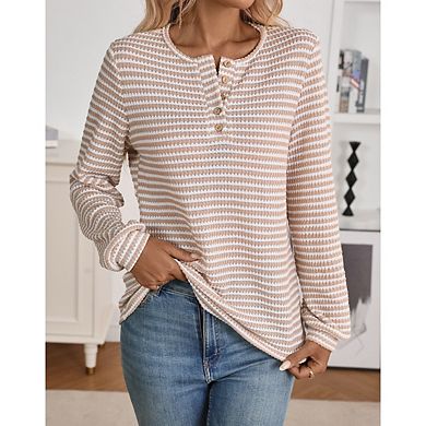 Women's Basic Button Down Pullover, Crewneck Ribbed Stretch Long Sleeve Casual Daily Top