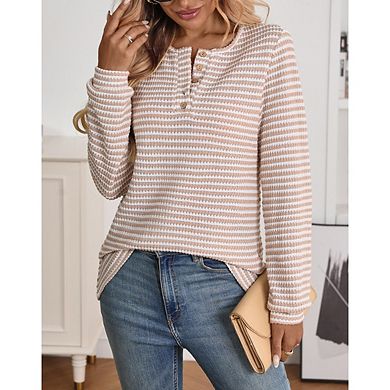 Women's Basic Button Down Pullover, Crewneck Ribbed Stretch Long Sleeve Casual Daily Top